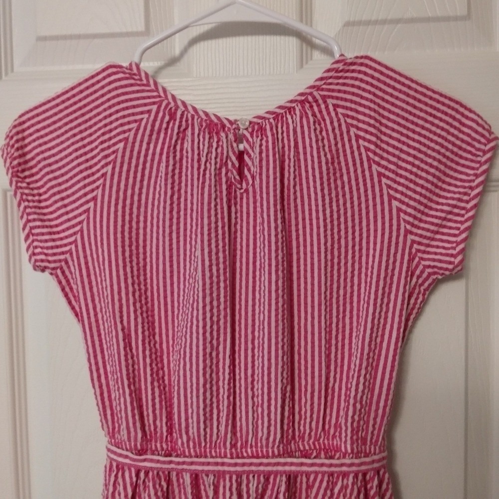 Lands' End Vintage Pink & White Pinstripe Seersucker Cap Sleeve Dress 10 modest - Picture 7 of 8